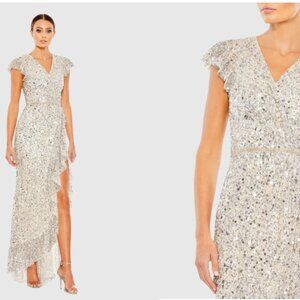 MAC DUGGAL 70113 SEQUINED FAUX WRAP RUFFLE CAP SLEEVE SILVER/NUDE GOWN sz 2
